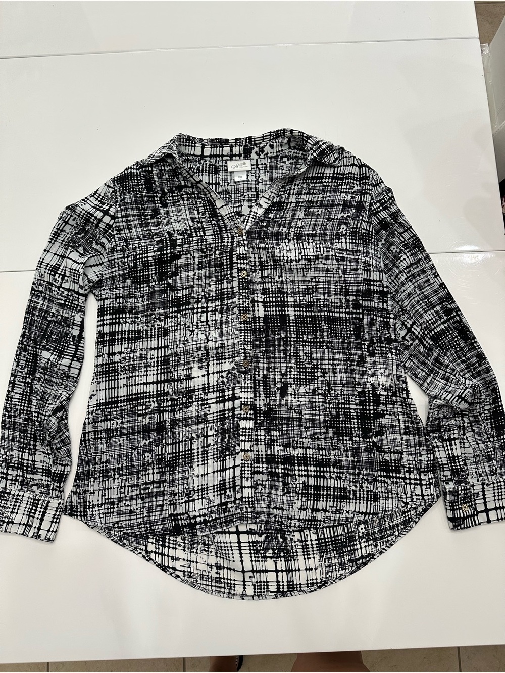 Jaclyn Smith Black White Abstract Grid Button Down Blouse Shirt Size L